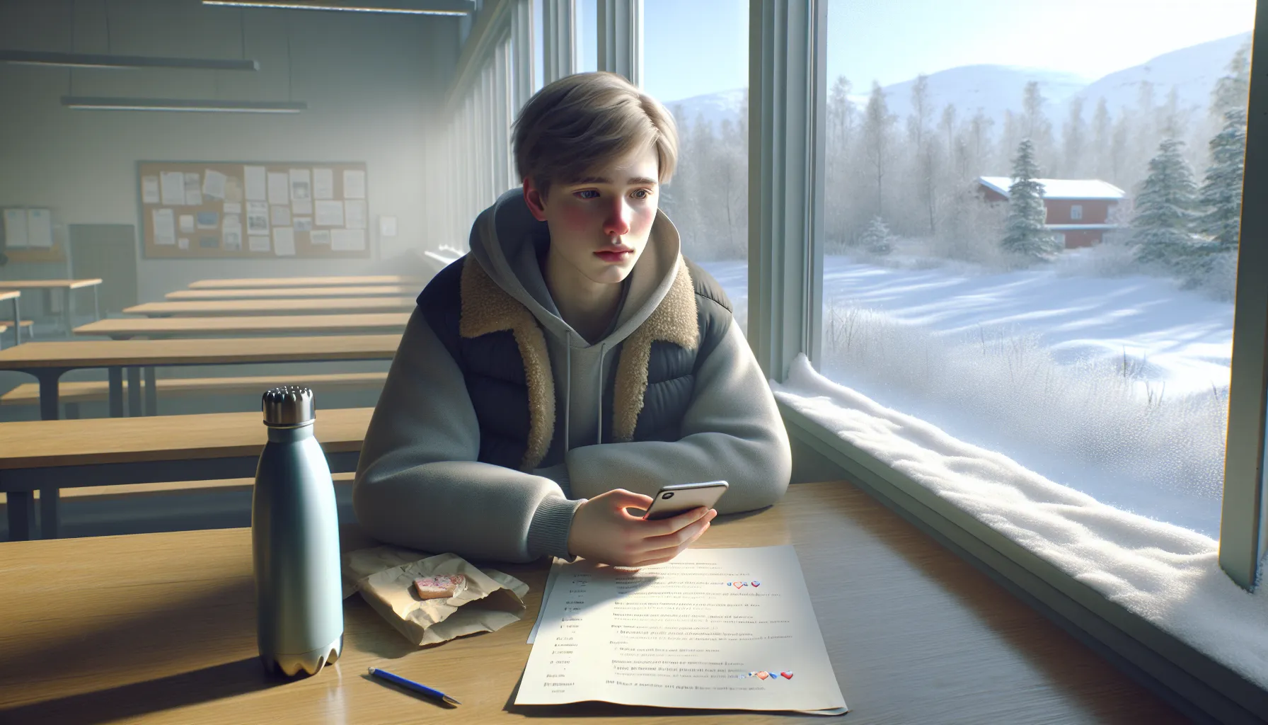 Norwegian teenager calming down with supportive chat and school routine items nearby.