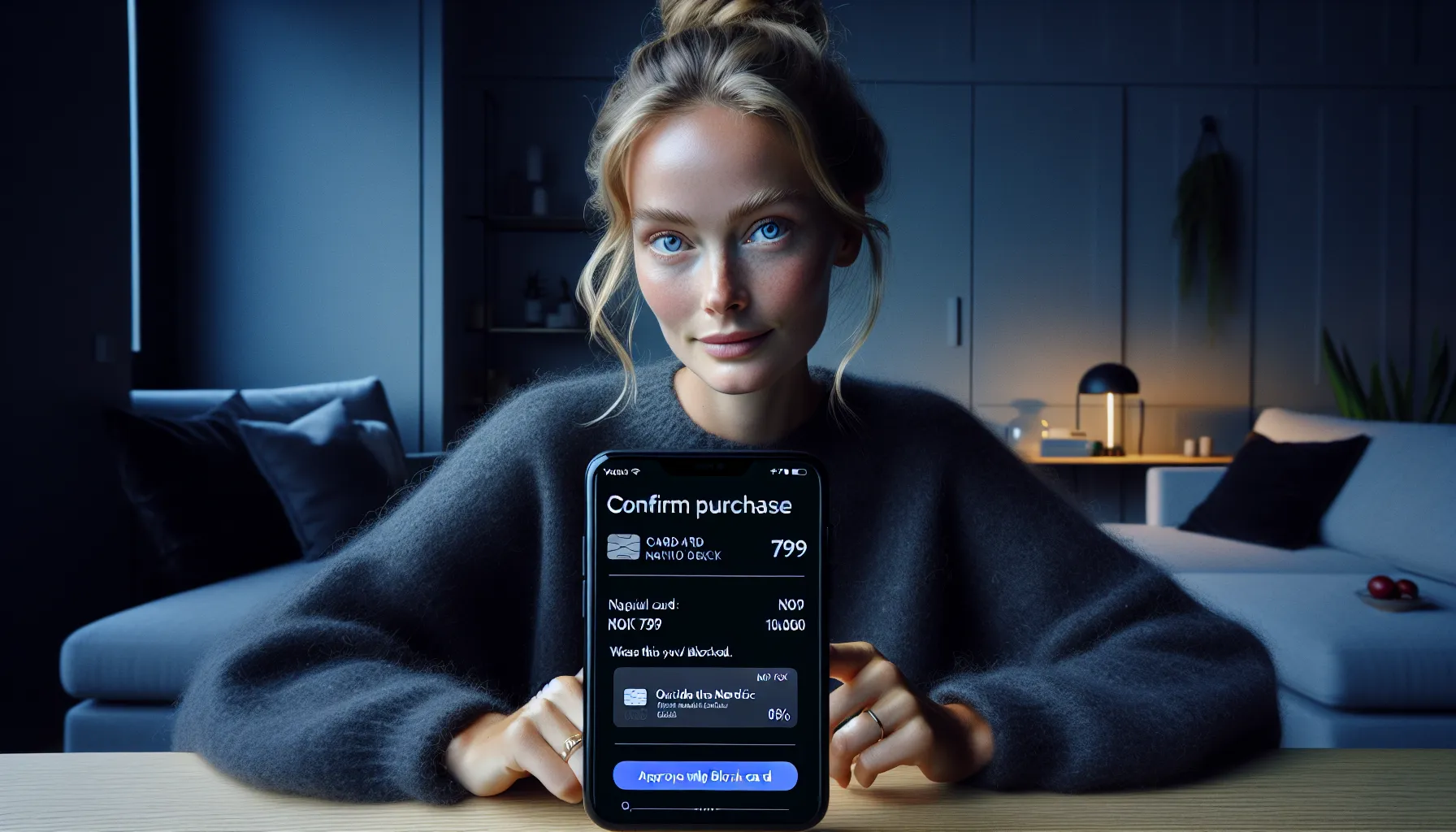 Hvordan velge riktig kredittkort for netthandel 3 Woman verifies online payment with biometrics; app shows virtual card and controls.