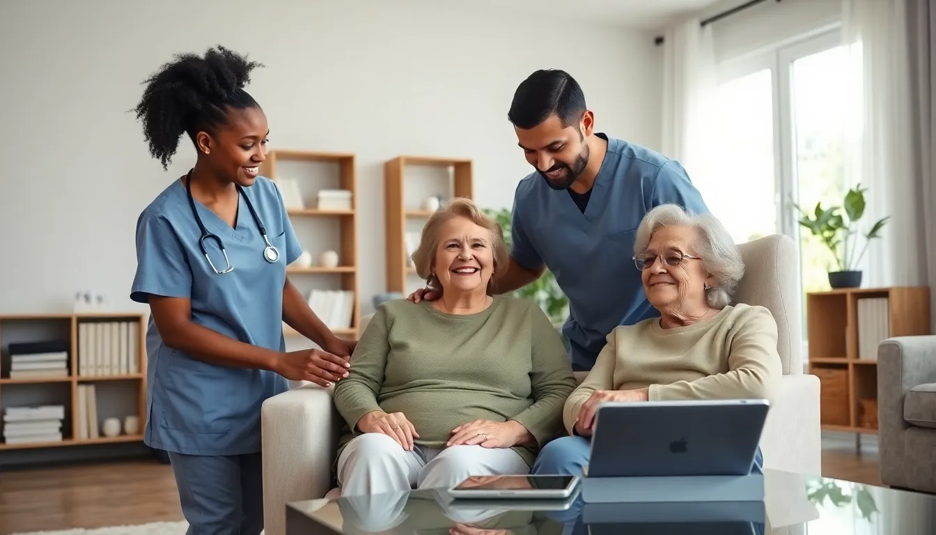 caregivers assisting an elderly patient in a cozy living room.