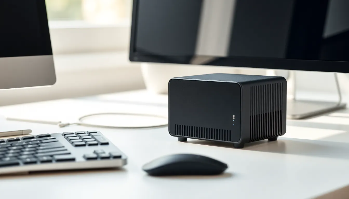 Compact mini desktop PC on a minimalist office desk with a monitor nearby.