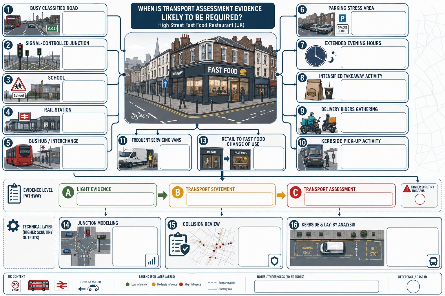 UK high street infographic showing triggers for a fast food transport assessment.