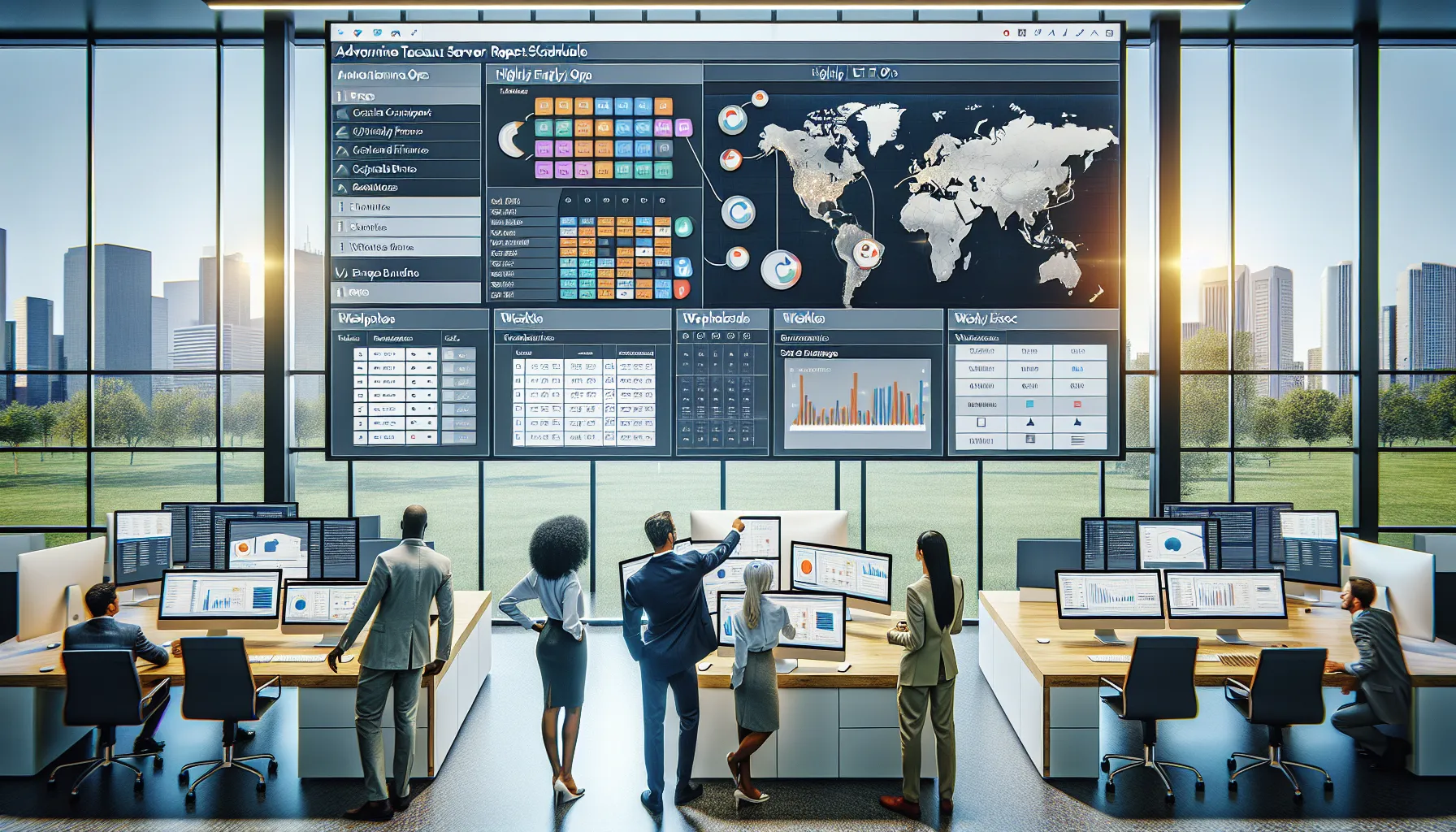 IT professionals reviewing advanced Tableau report scheduling dashboards in a modern office.