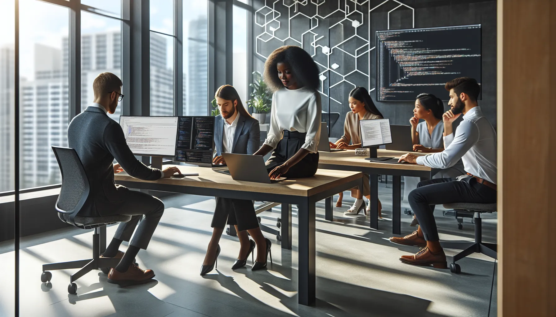 professionals collaborating in a modern office using code editing software.