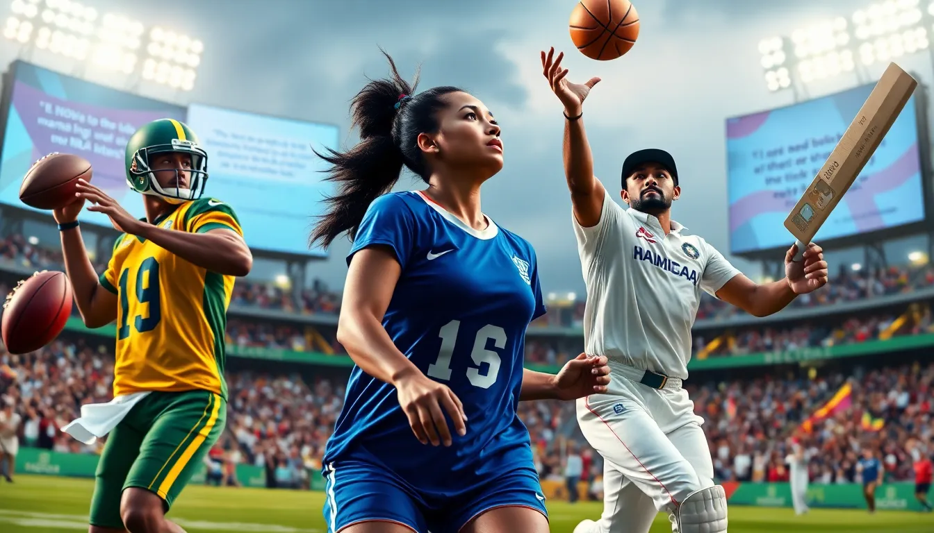 athletes from NFL, NBA, and cricket engaged in a vibrant sports scene.
