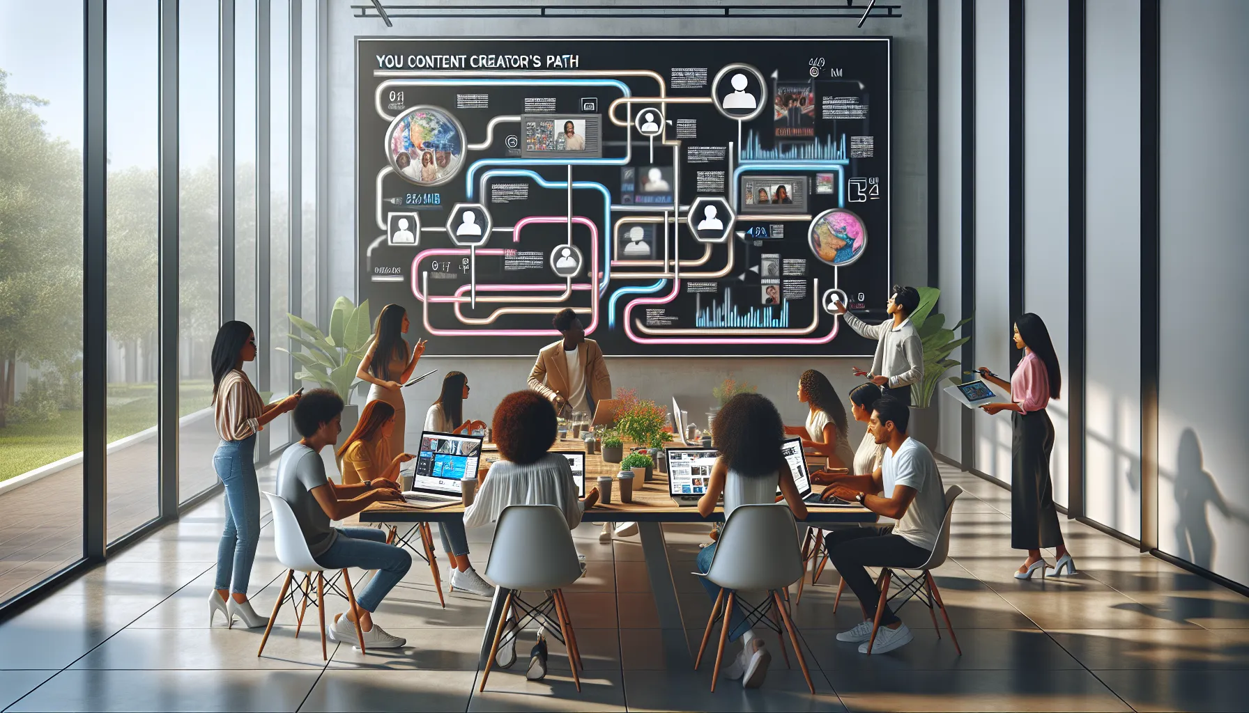 Diverse team discussing key milestones in a modern workspace.