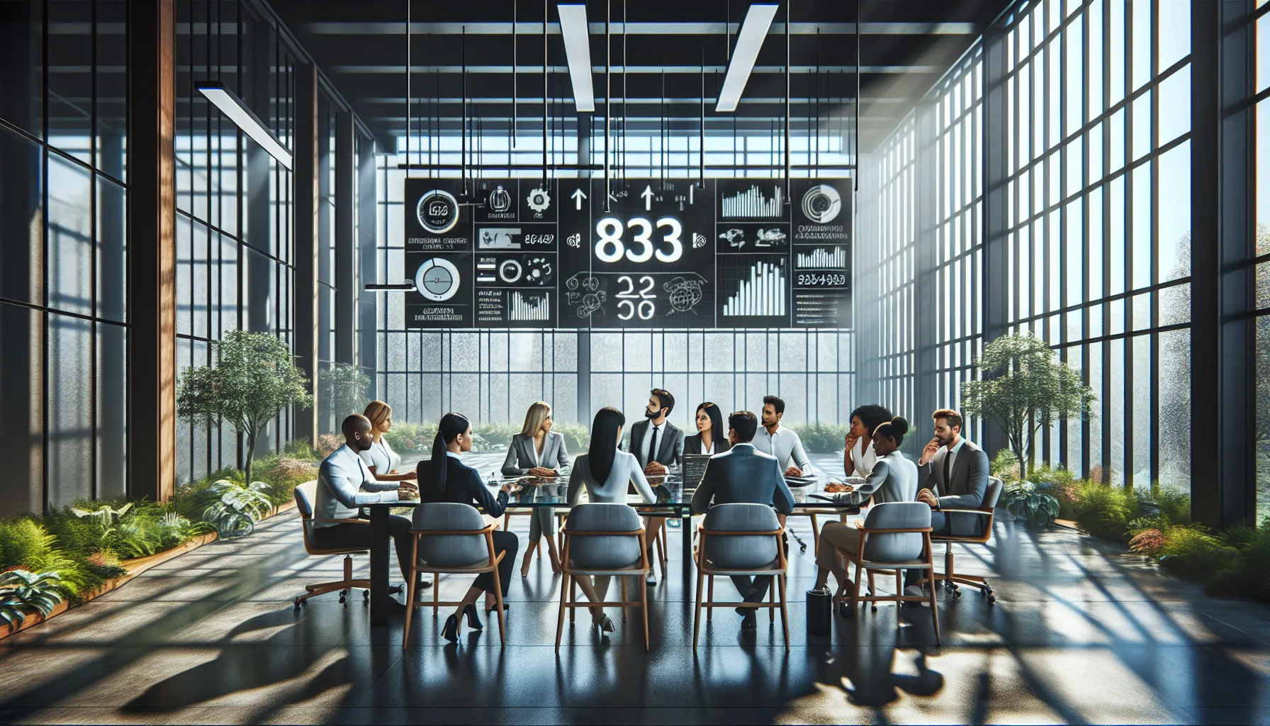 diverse team discussing 833 numbers in a modern office.