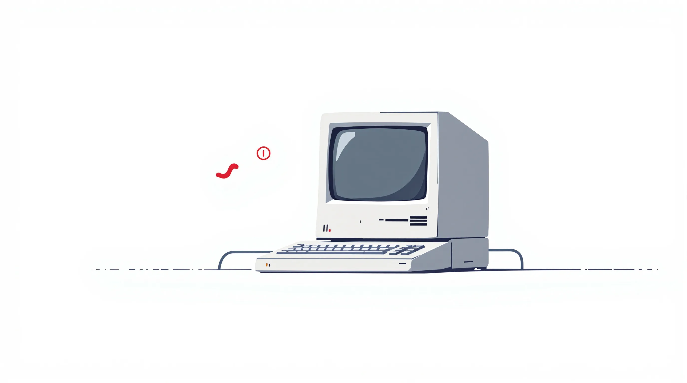 Minimalist illustration of vintage 1988 computer with abstract worm symbol spreading.
