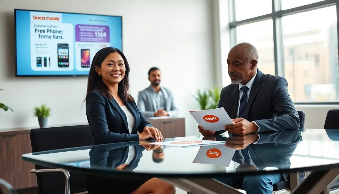 professionals discussing Boost Mobile's free phone offers in a modern office.
