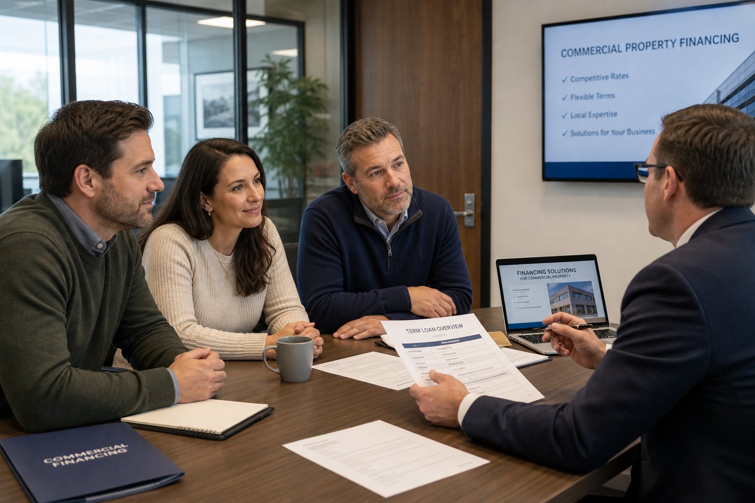 Group of business partners meeting with an advisor about funding for commercial premises.