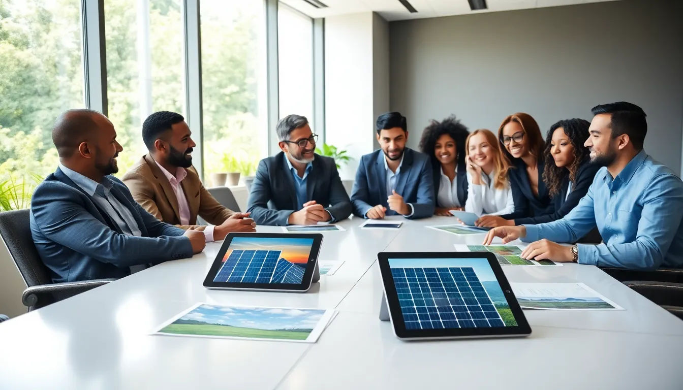 diverse team discussing energy solutions in a modern office.