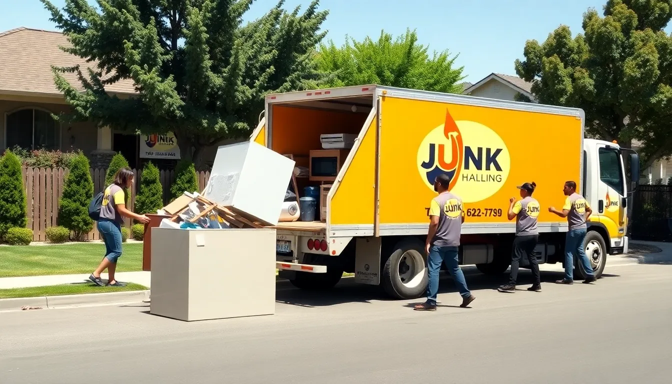 diverse team of junk haulers removing clutter from a residential yard.