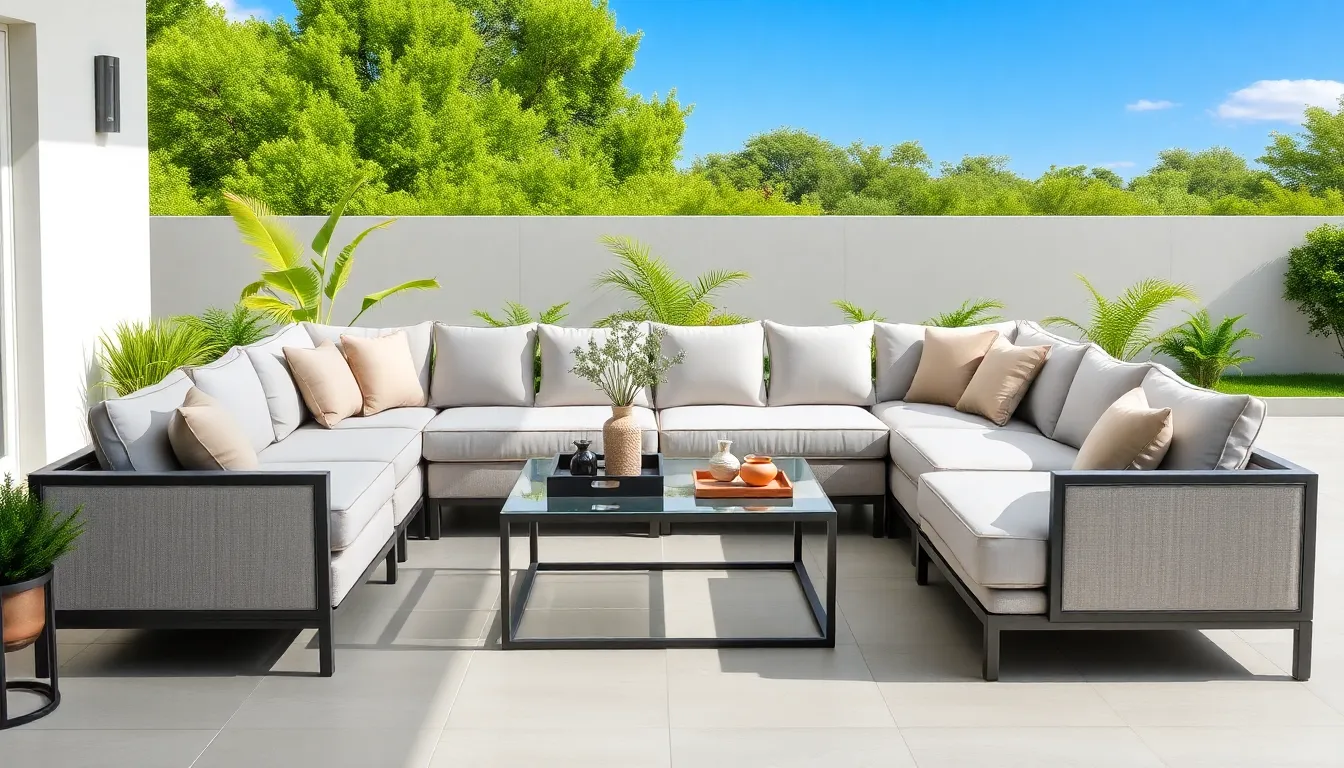 modern outdoor sectional sofa arranged on a patio.