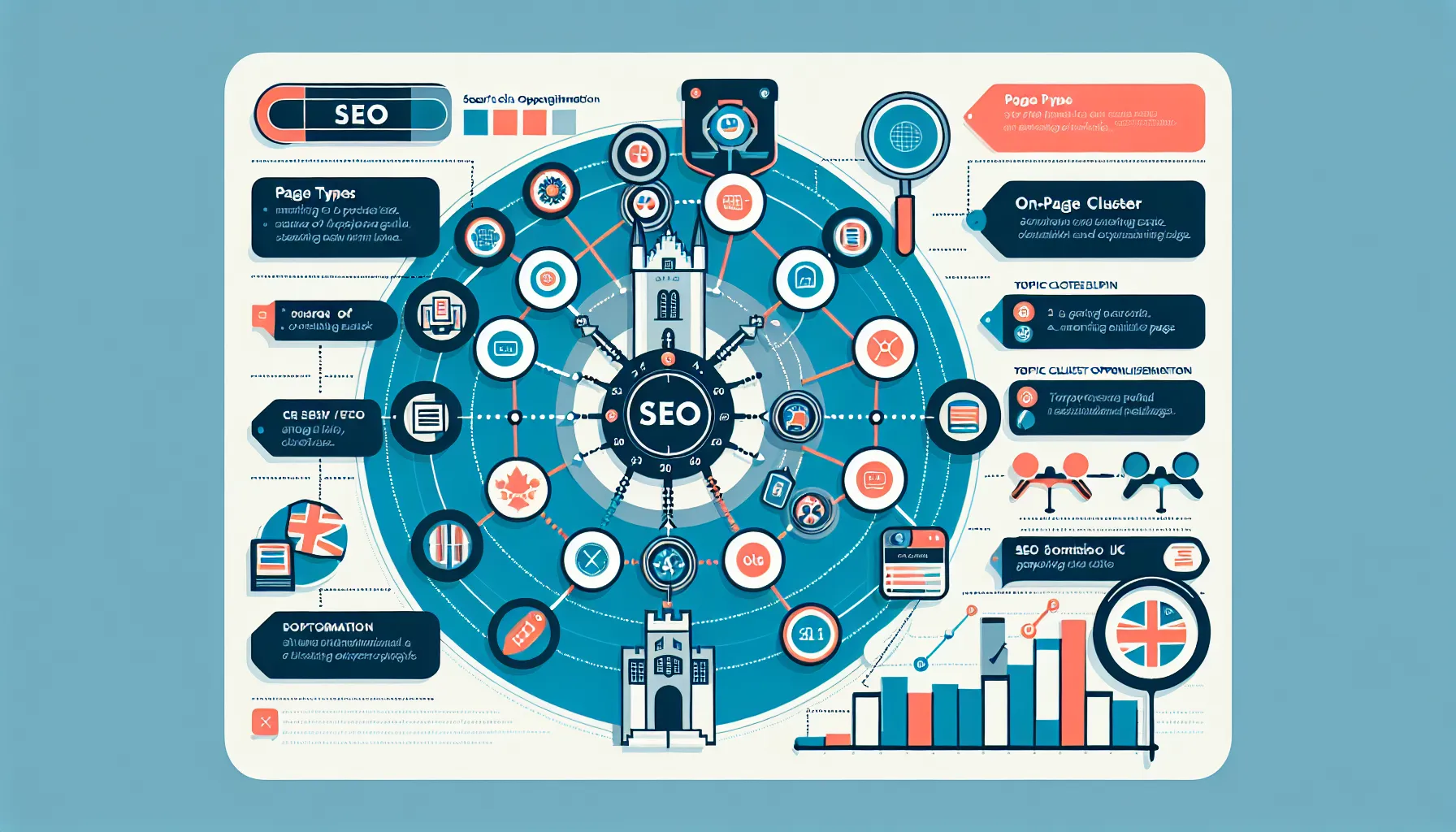 UK-themed hub-and-spoke keyword map showing page targets, on-page checks, internal links.