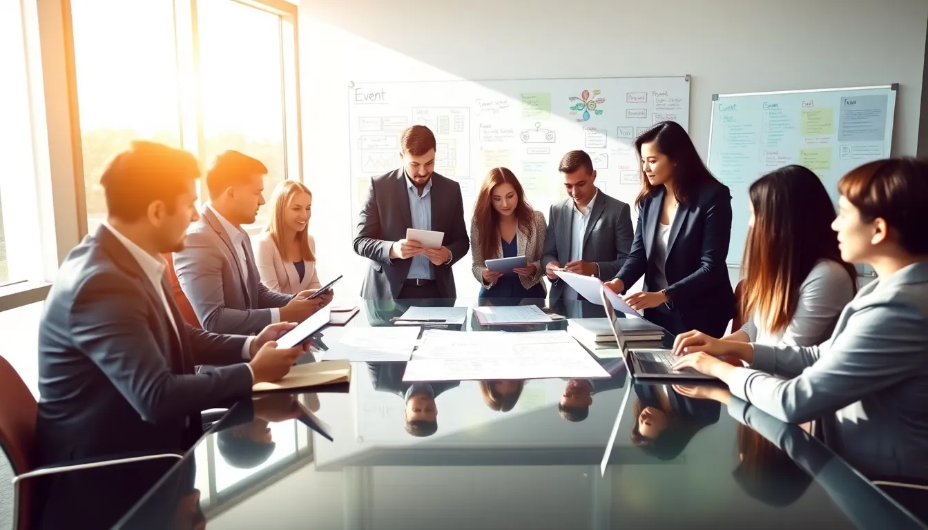 diverse team collaborating on event planning in a modern office.