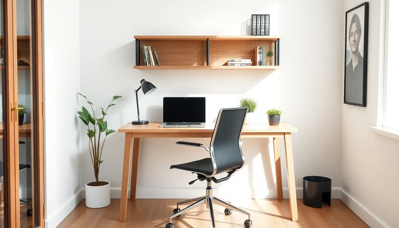 modern small desk setup in a cozy home office.