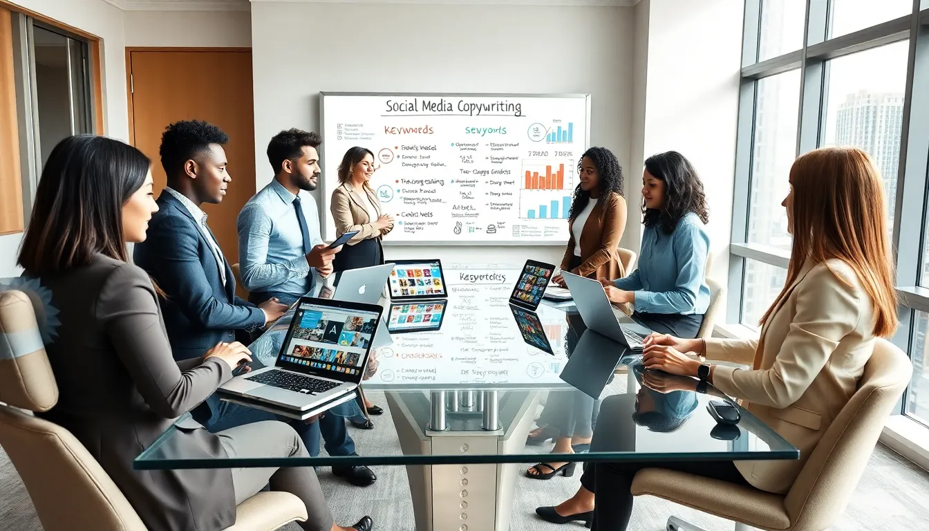 diverse team brainstorming social media copywriting in a modern office.