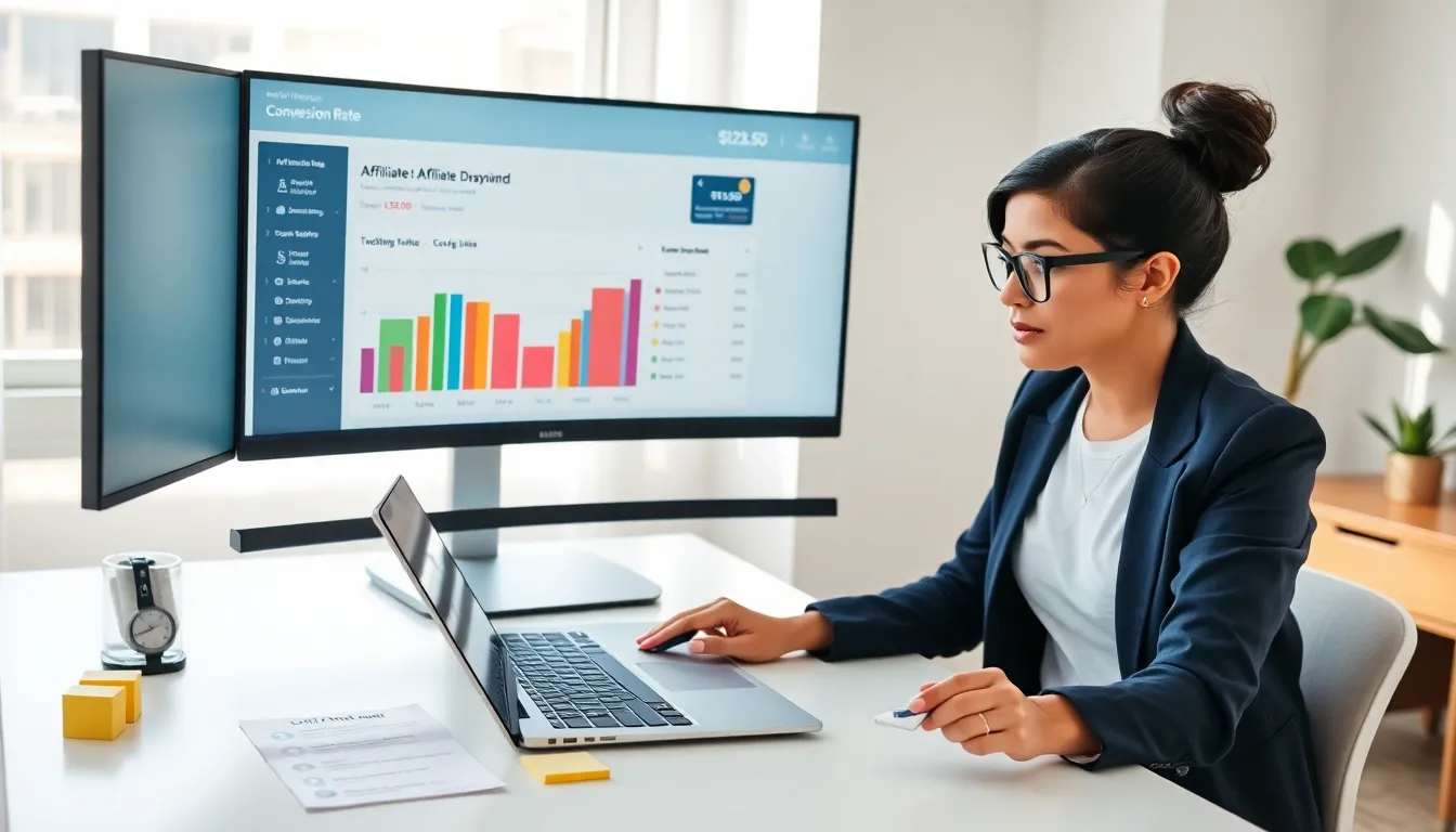 Affiliate manager reviewing analytics dashboard and tracking links at a desk.