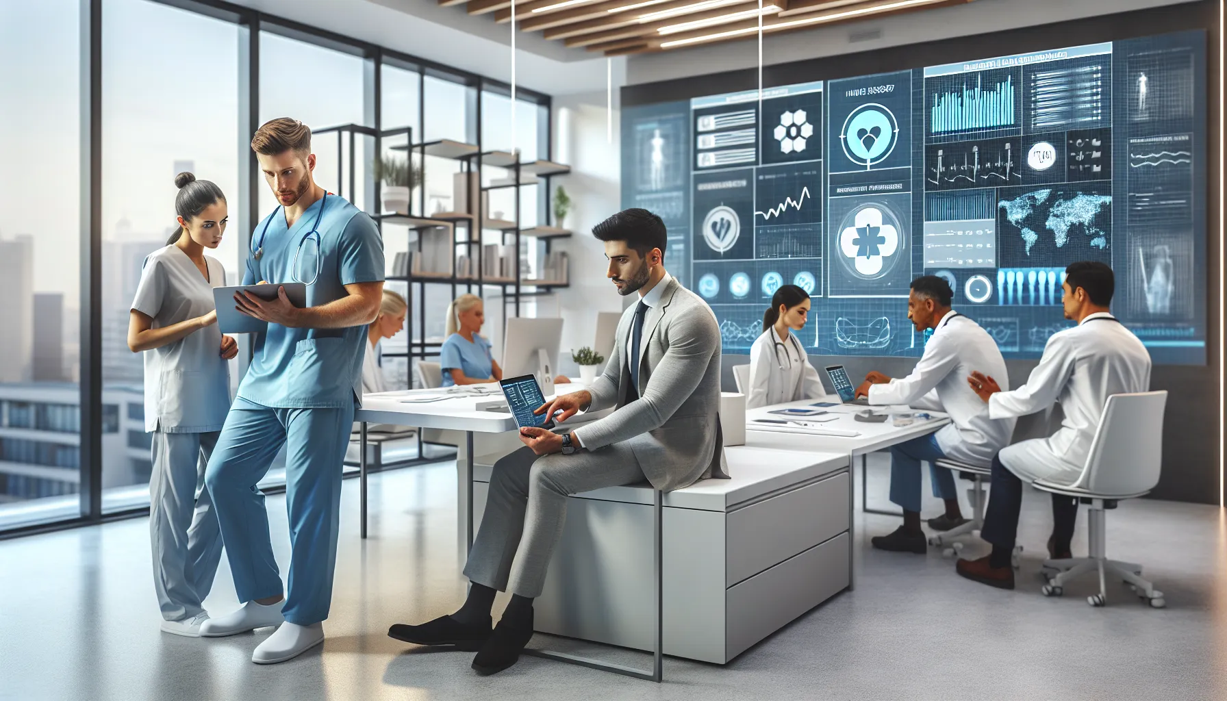 healthcare professionals collaborating over digital patient record system.