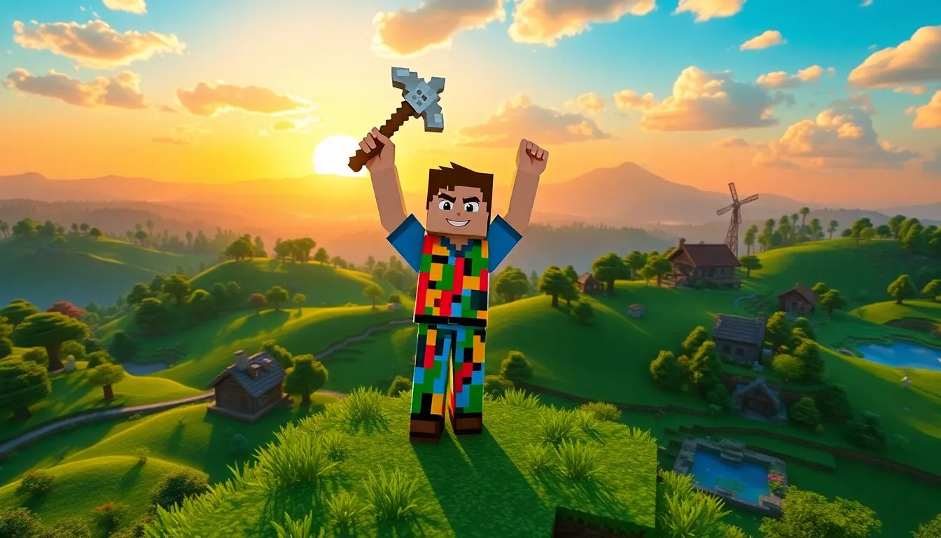 A Minecraft player proudly holds a diamond pickaxe on a vibrant hill.