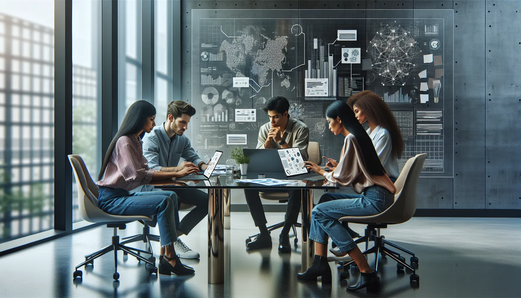 diverse team collaborating on fkbpfqv in a modern office.