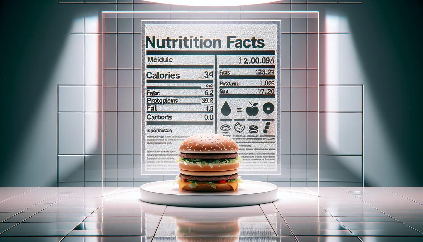 Big Mac with nutrition facts card in a modern setting.