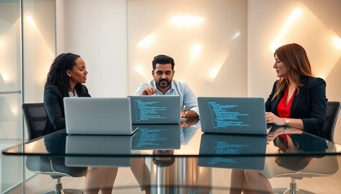 professionals collaborating on Python string manipulation in a modern office.