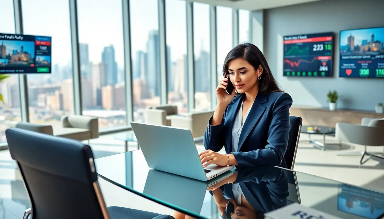 a professional woman in a modern office, contacting HomeRocket Realty management.