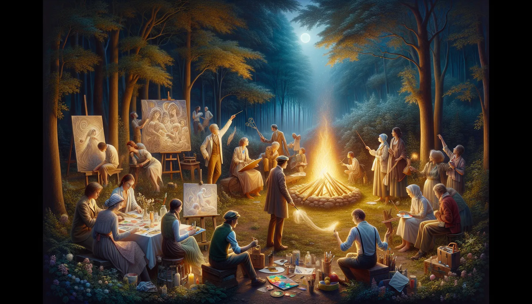 diverse group celebrating Moondweiier by a bonfire in nature.