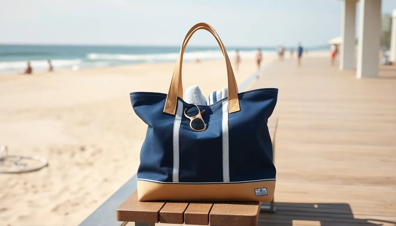 Classic navy canvas beach tote on a sunny boardwalk.