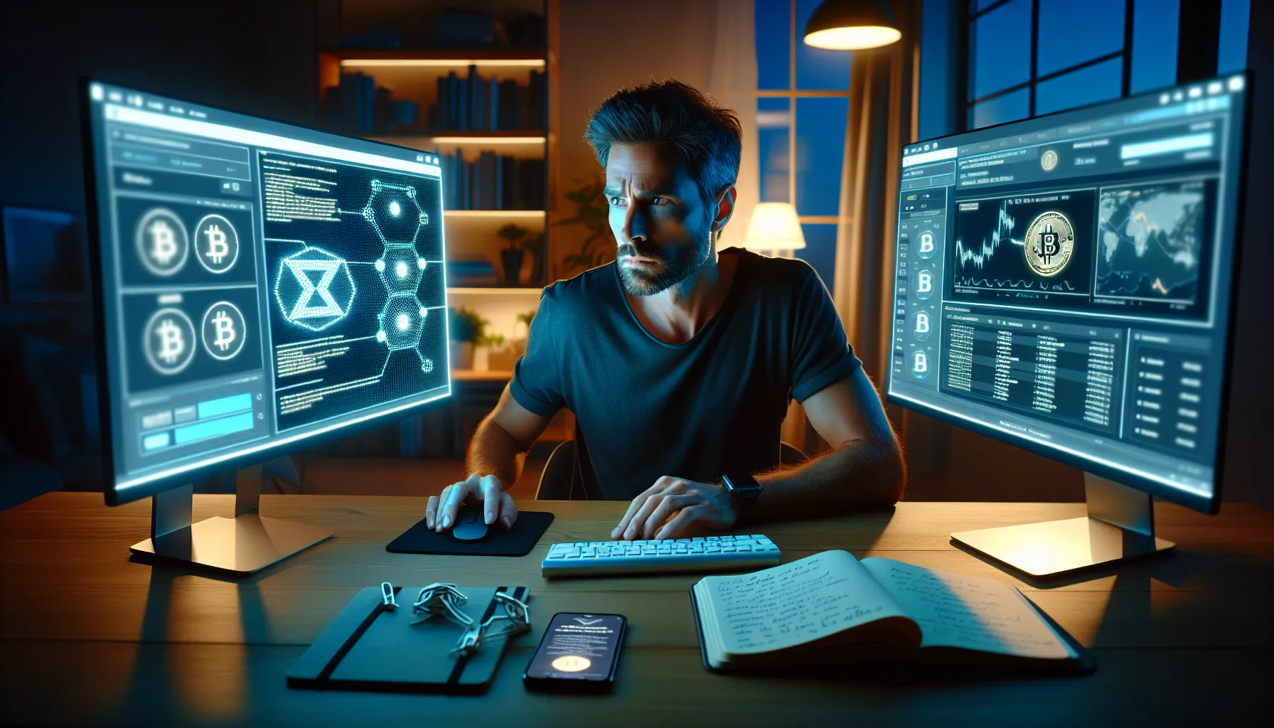 Man examining suspicious cryptocurrency airdrop on computer screen with security tools nearby.