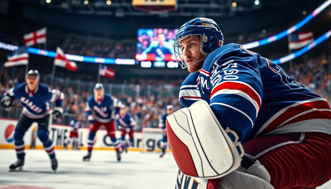 Igor Shesterkin in action during a tense NHL game.
