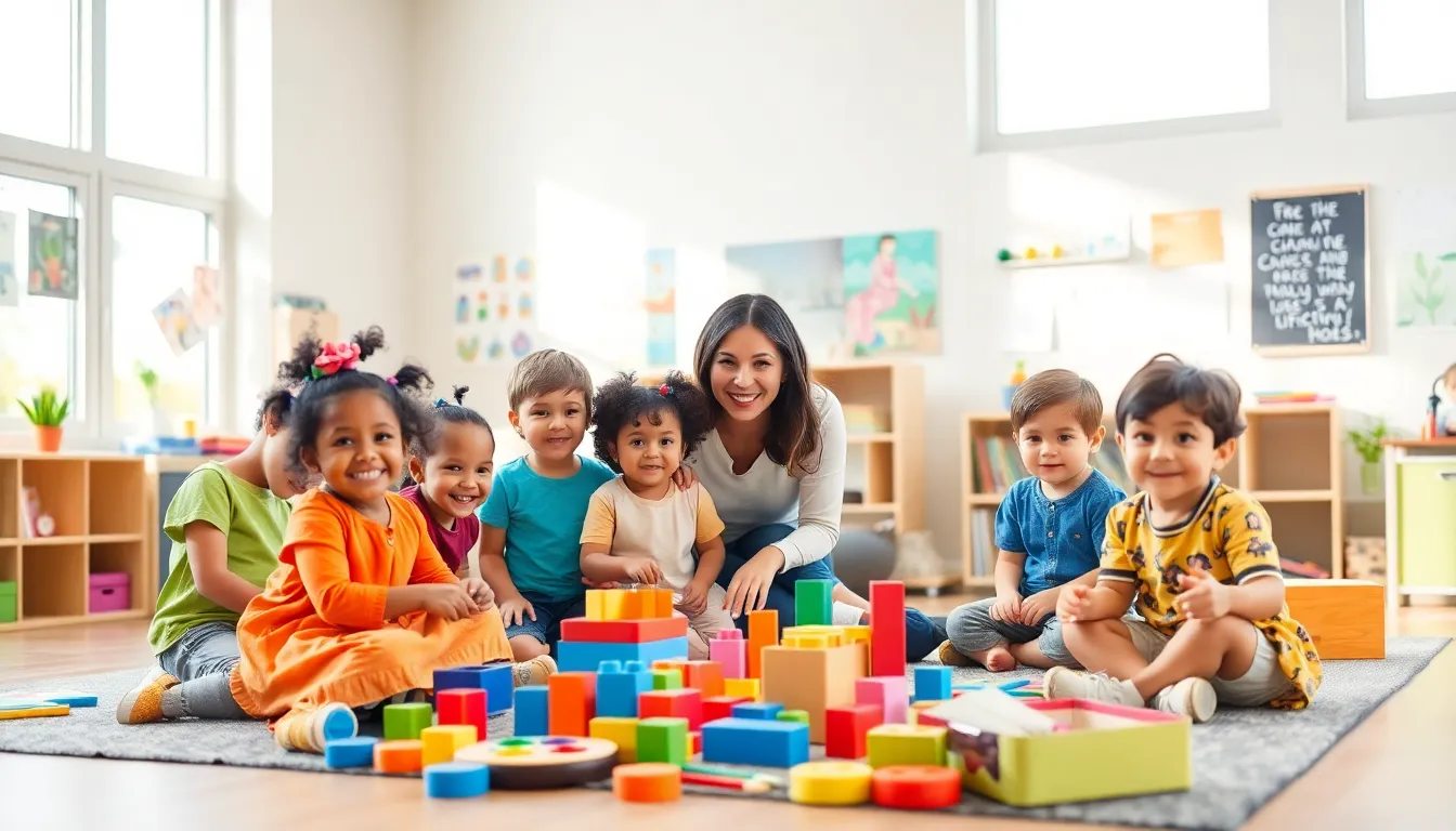 children engaging in creative play in a bright classroom.