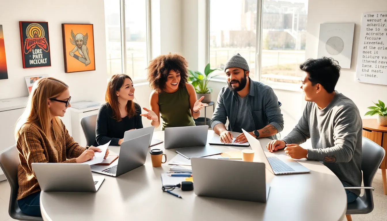 a diverse group of young adults collaborating in a modern workspace.