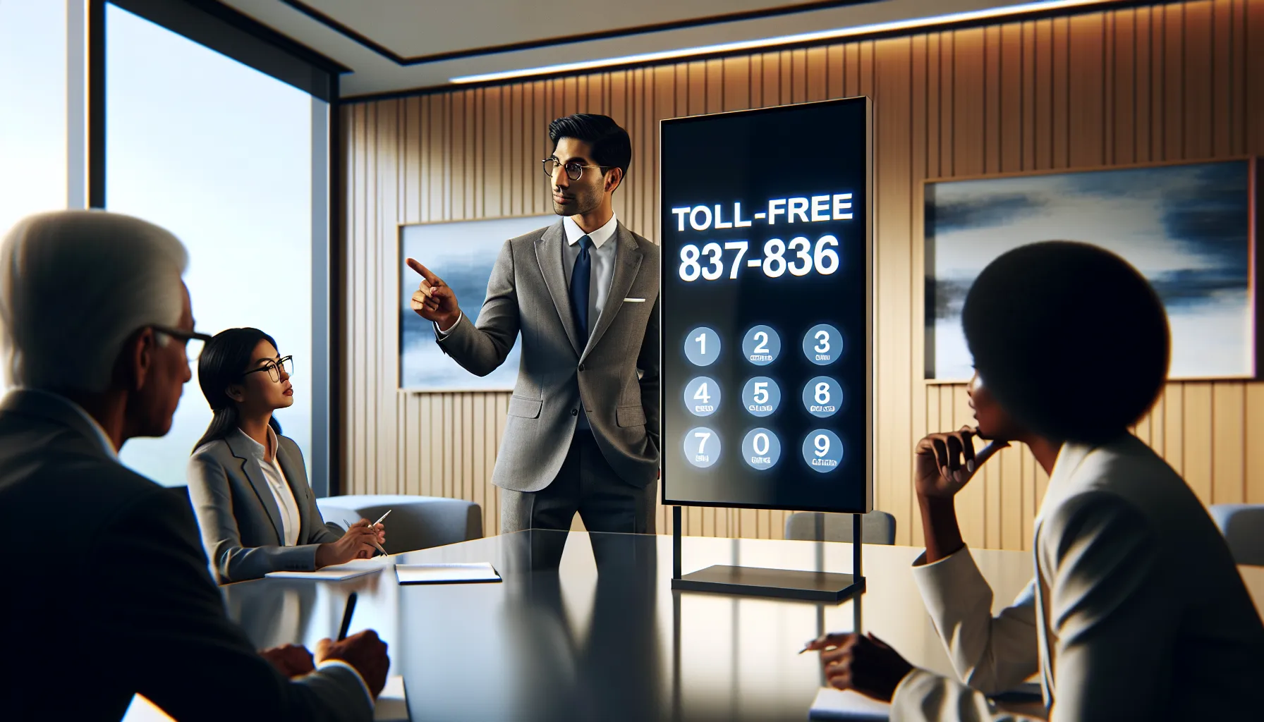 diverse team discussing a toll-free number in a modern office.