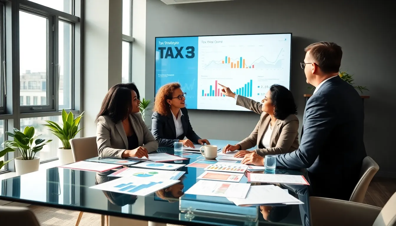 diverse team discussing tax planning strategies in a modern office.