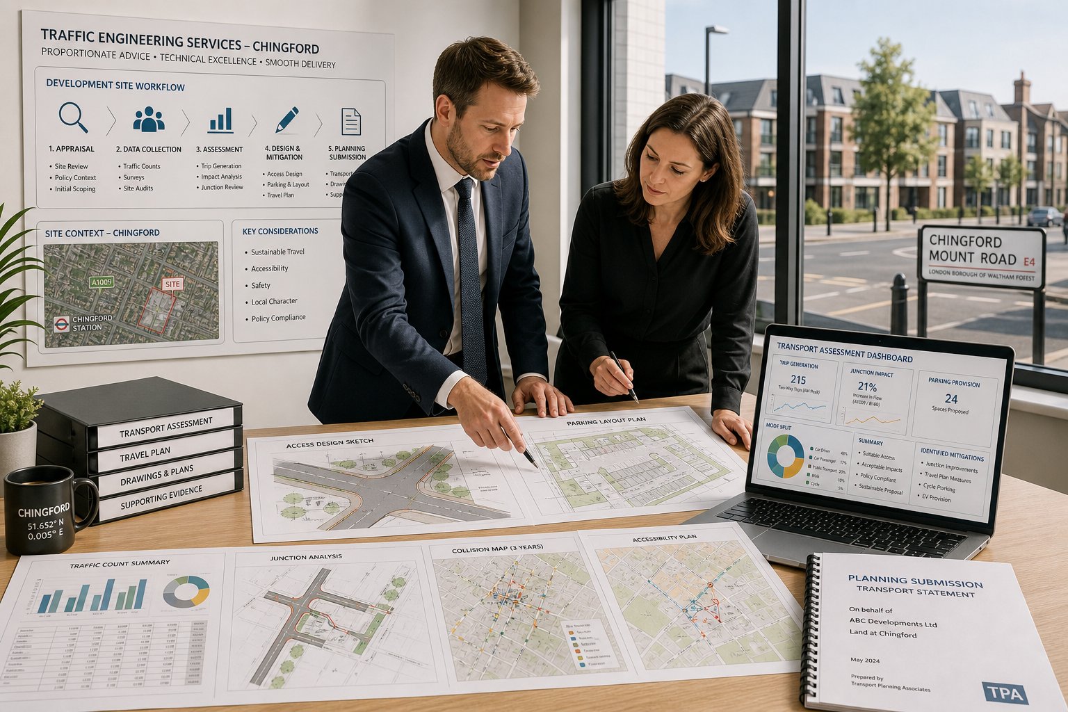 Traffic engineer reviewing site plans and transport data in a modern office.