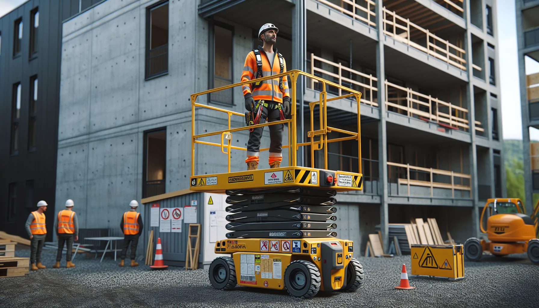 Norwegian construction worker using a secured boom lift with full safety gear.
