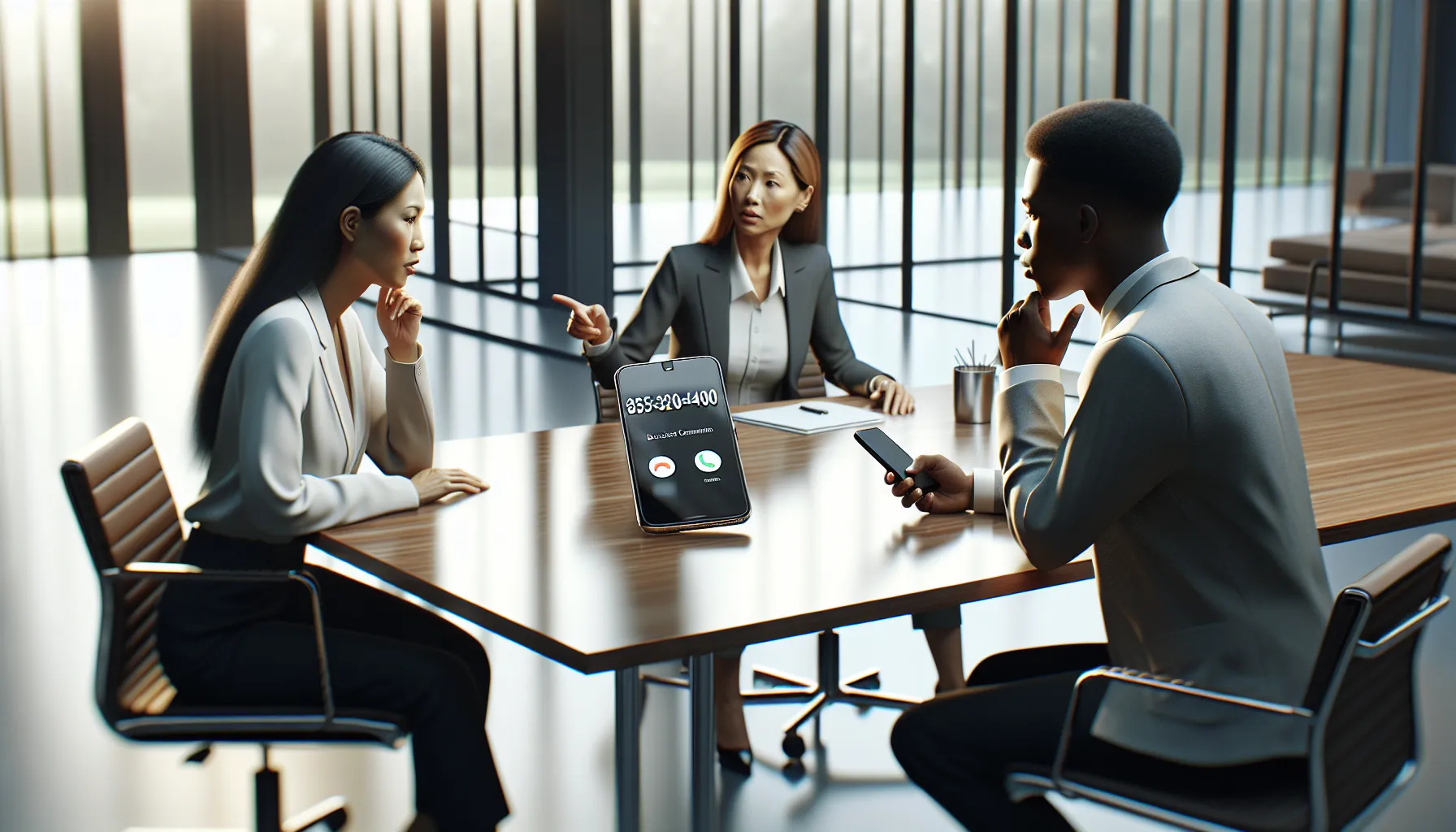 business professionals discussing potential phone scams in a modern office.