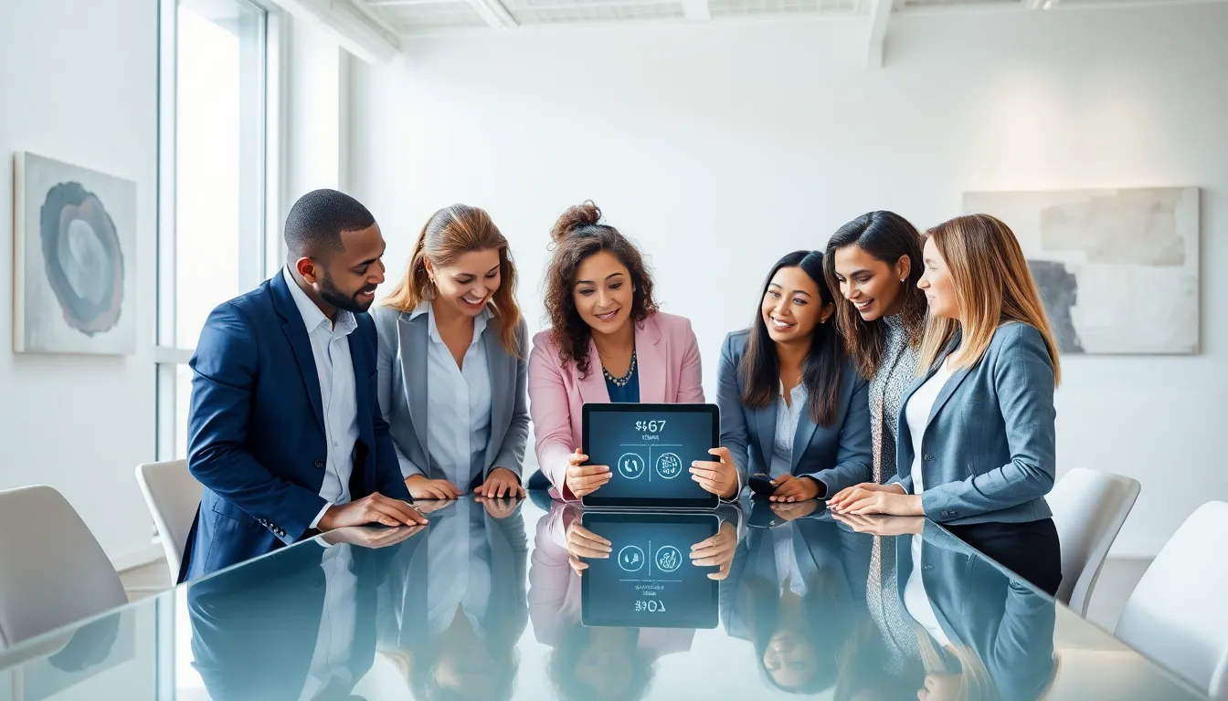 diverse professionals discussing caller ID blocking in a modern office.