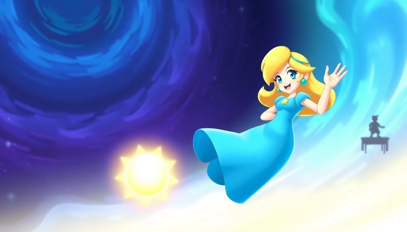 Rosalina hovering in a vibrant gaming universe with her Luma companion.