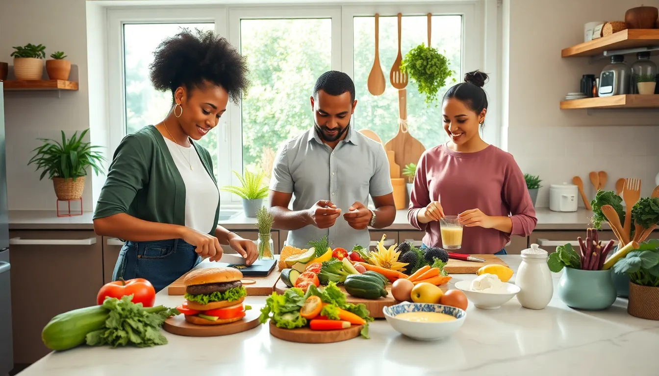 diverse team cooking in a modern kitchen with fresh ingredients.