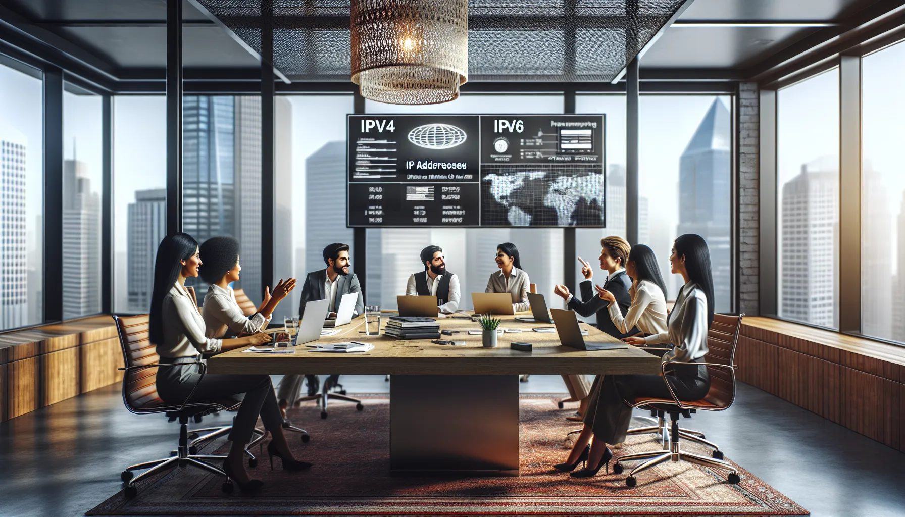professionals discussing IP addresses in a modern office.