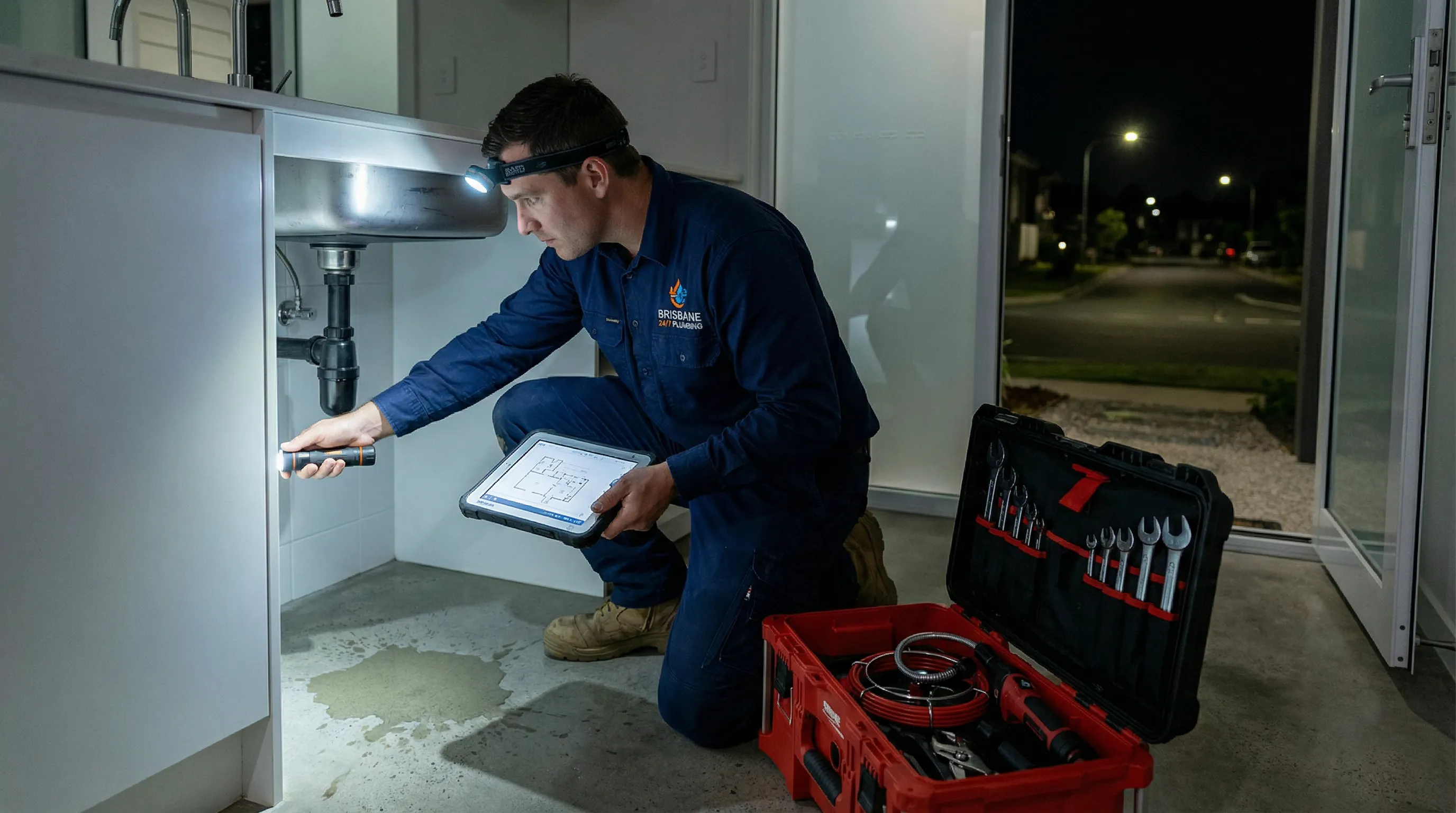 Plumber assessing emergency late at night in a Brisbane home.