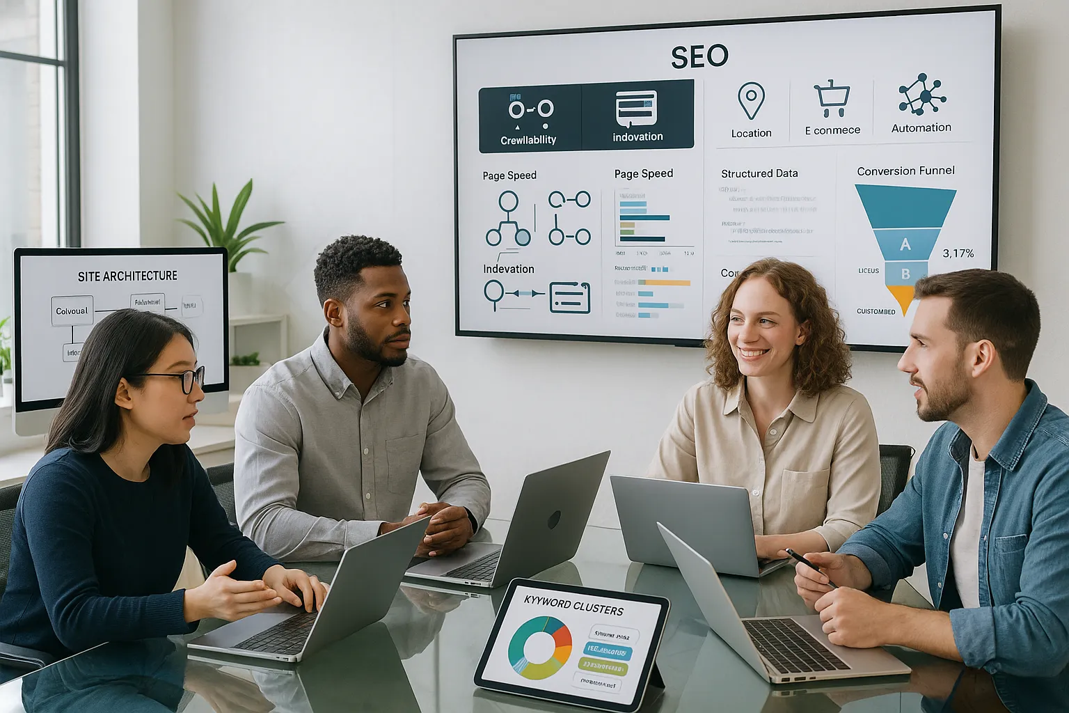 Diverse team reviewing SEO dashboard and strategy in a modern agency office.