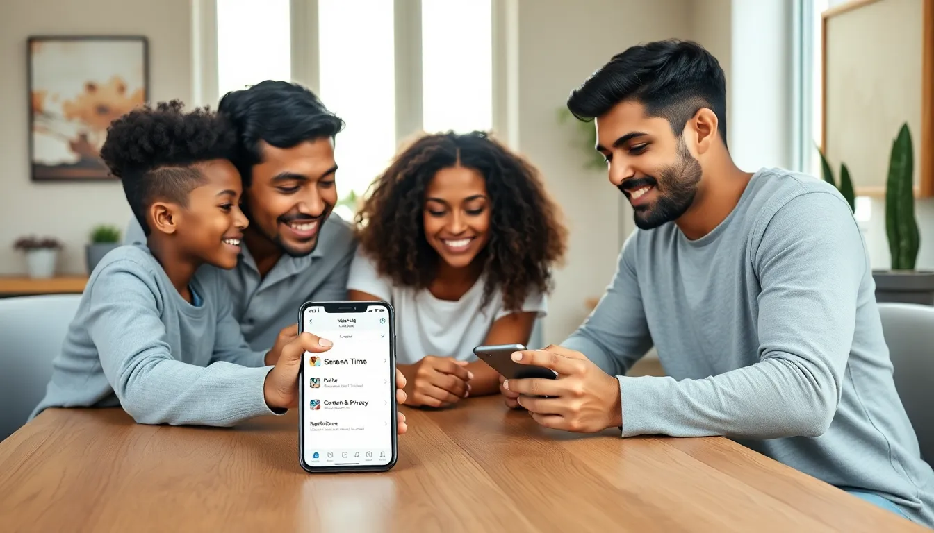 family reviewing iPhone parental controls in a cozy home environment.