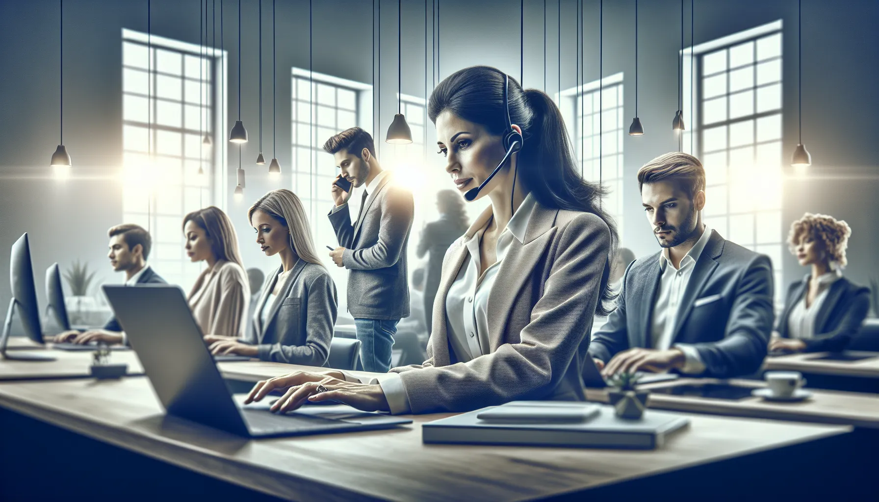 diverse professionals using online support options in a modern office.