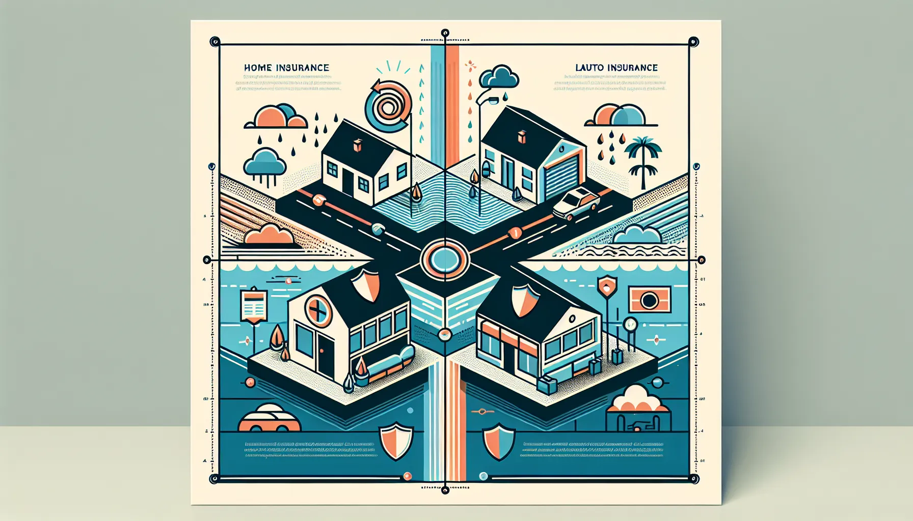 four-panel infographic showing home, flood, auto, and business insurance types