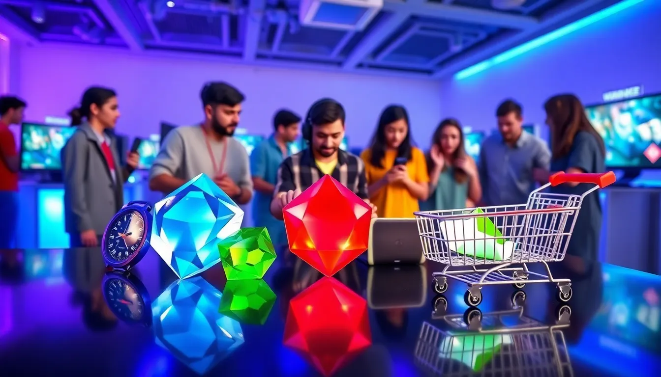 Gems from Clash Royale displayed with gamers interacting in a modern setting.