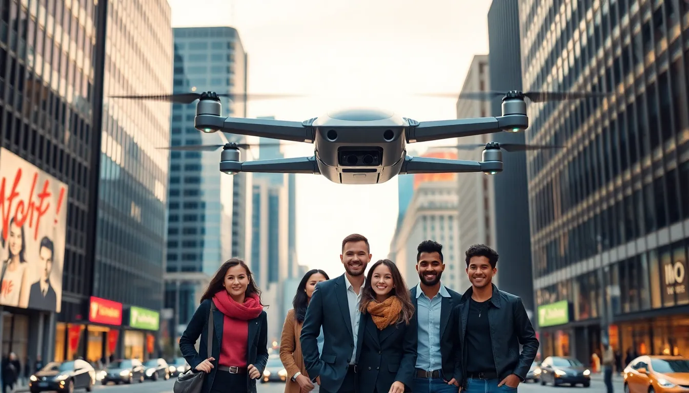 a passenger drone above a busy city with people boarding.