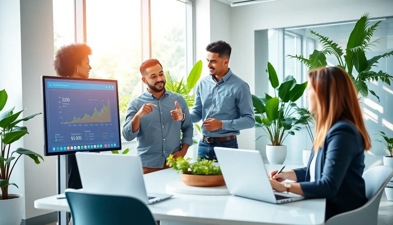 a diverse team discussing smart energy solutions in a modern office.